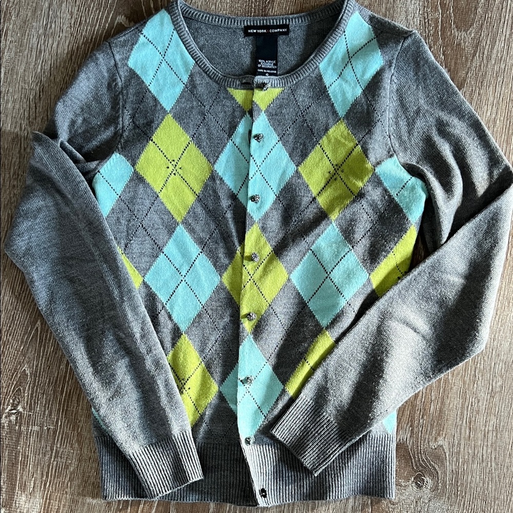New York & Company Argyle Cardigan in Gray, Blue, and Yellow